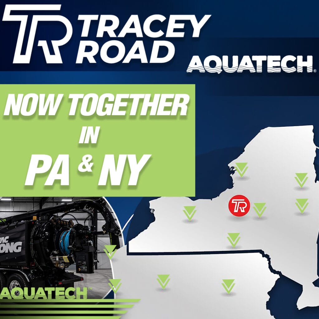 Tracey Road and Aquatech partnership announcement, featuring Aquatech sewer jetter and map of PA and NY with location markers.